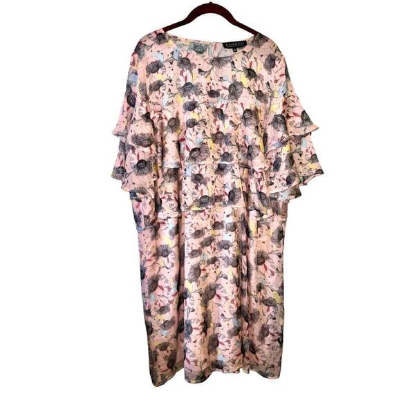 ELOQUII Layered Ruffle Crepe Pink Floral Print Short Sleeved Shift Dress Sz. 20 - Picture 2 of 16